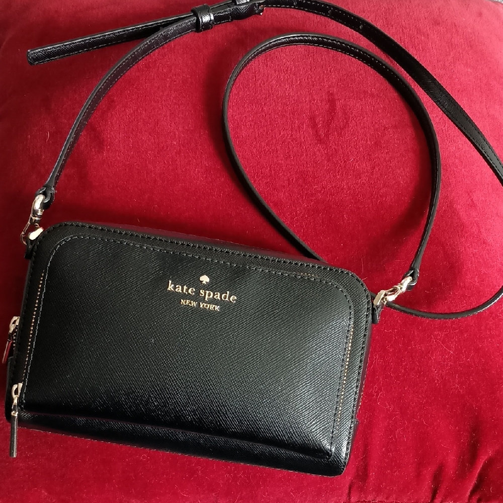 kate spade Black Leather Crossbody Wallet with Gold Logo